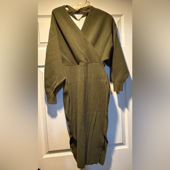Olive green fitted V neck sweater dress - Picture 10 of 10